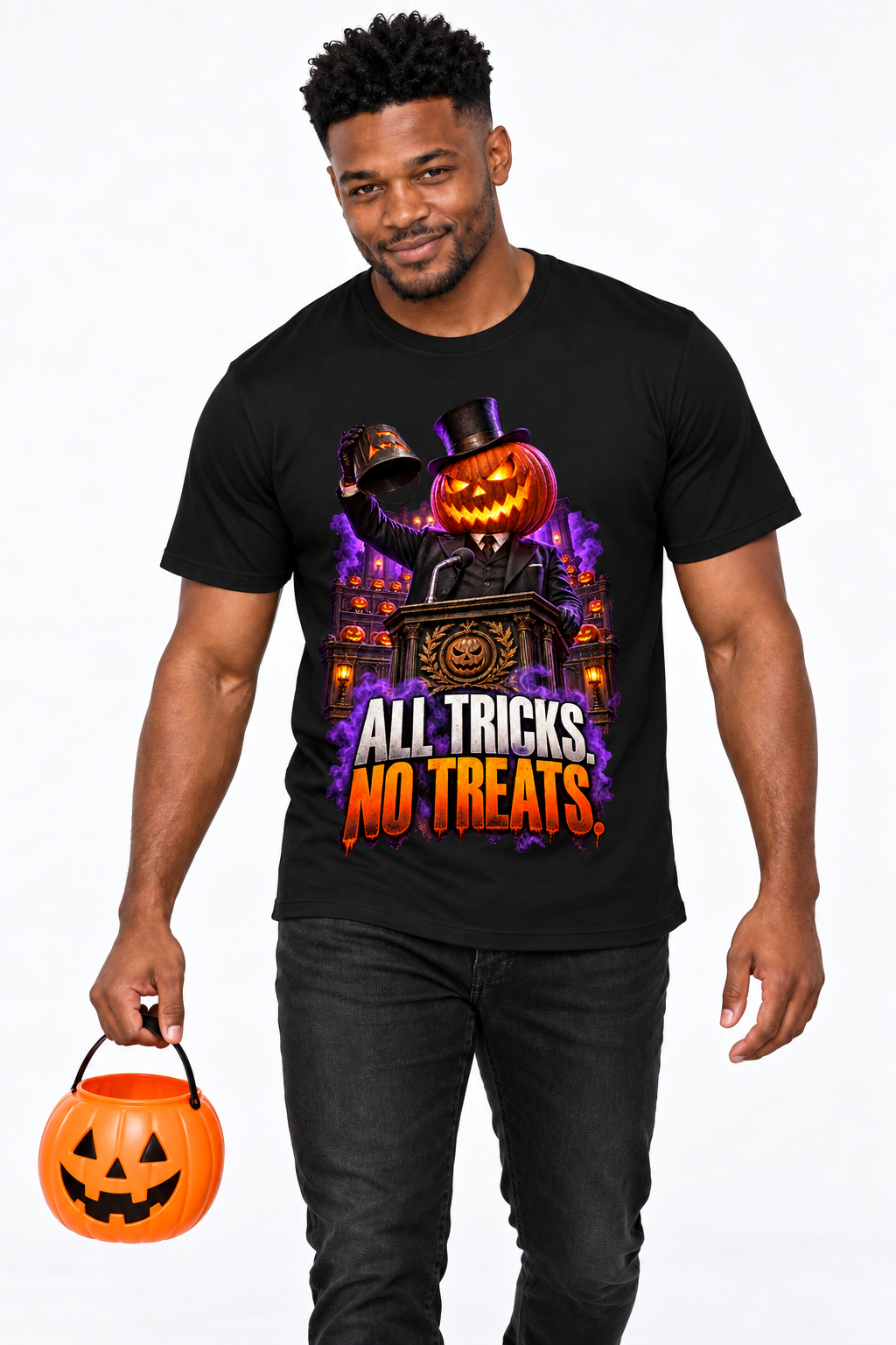 ALL TRICKS. NO TREATS. — Men's Crew Neck T-Shirt — model front