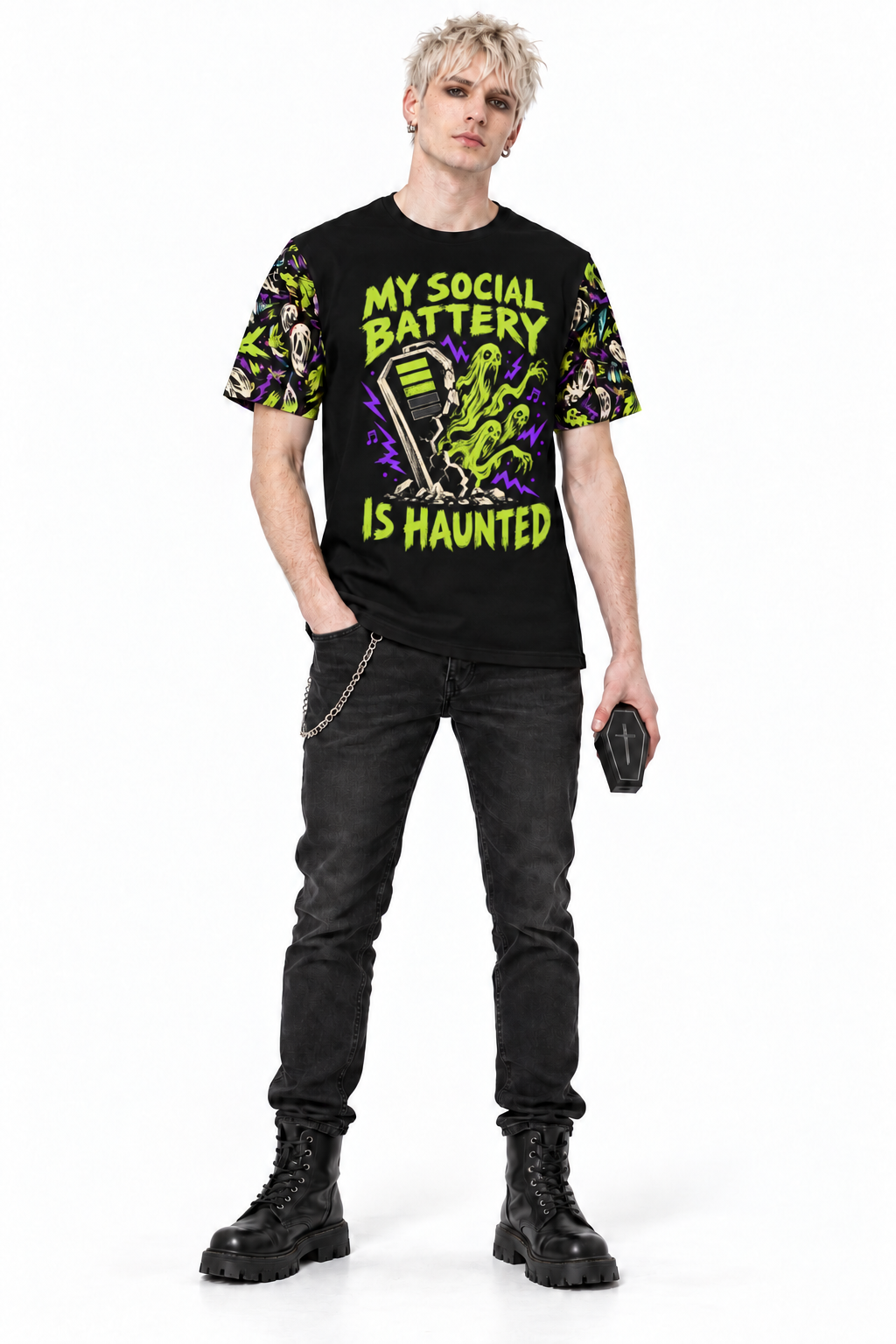 Haunted Social Battery — Men's Crew Neck T-Shirt — model front