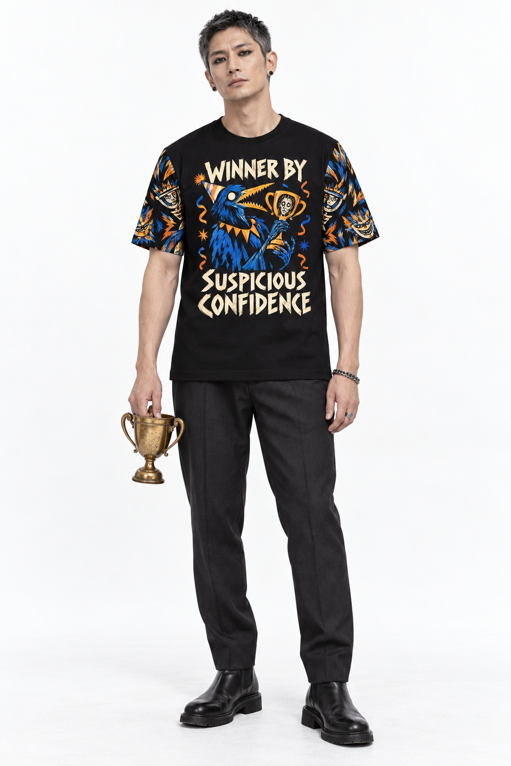 Suspicious Confidence — Men's Crew Neck T-Shirt — model front
