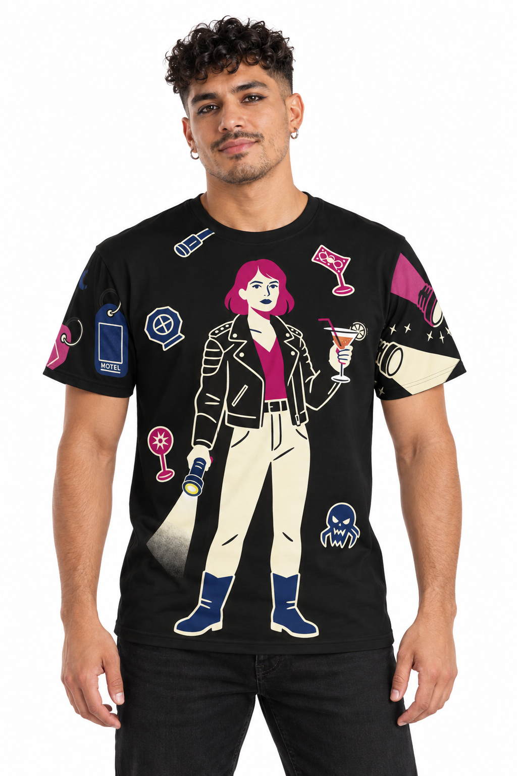 Final Girl, First Drink — Men's Crew Neck T-Shirt — model front