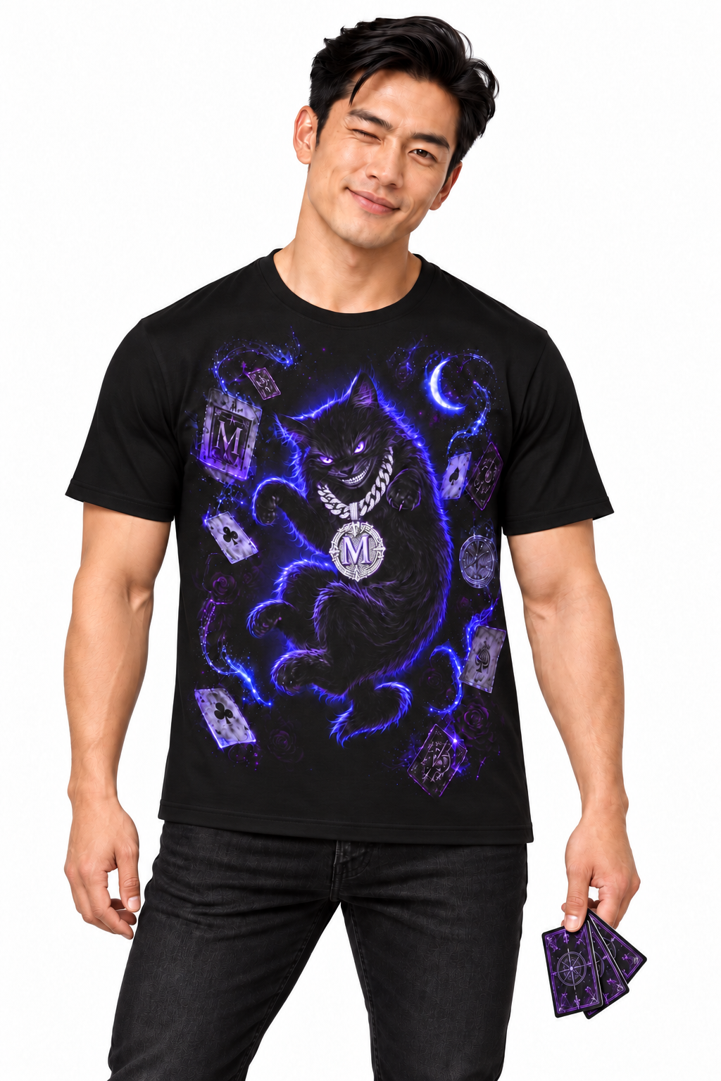 The Cat Behind the Cards — Men’s Cotton Crew Neck T-Shirt — model front